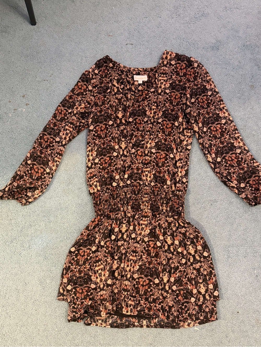 Veronica M Black Floral Smocked Long Sleeve Mini Dress
